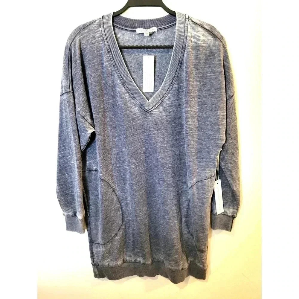 NEW Young Fabulous & Broke Blue Sweatshirt Dress V Neck Burnout Long Sleeve